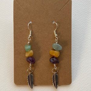 Handmade earrings, color silver, green/yellow aventurine and  amethyst stone.